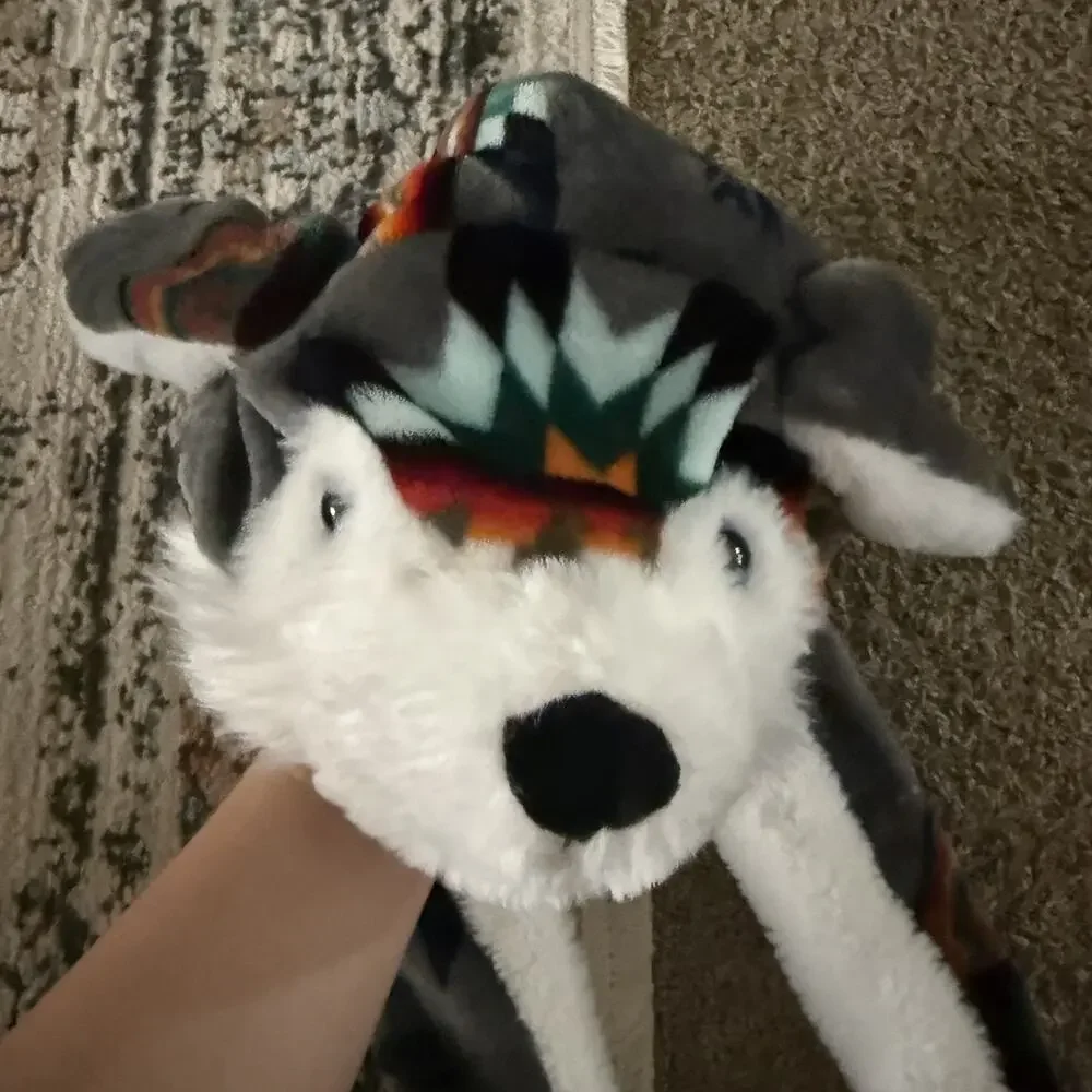 Wolf Hat Cap Strap Back Gray White Plush Faux Fur Animal Ears Winter Mens Womens